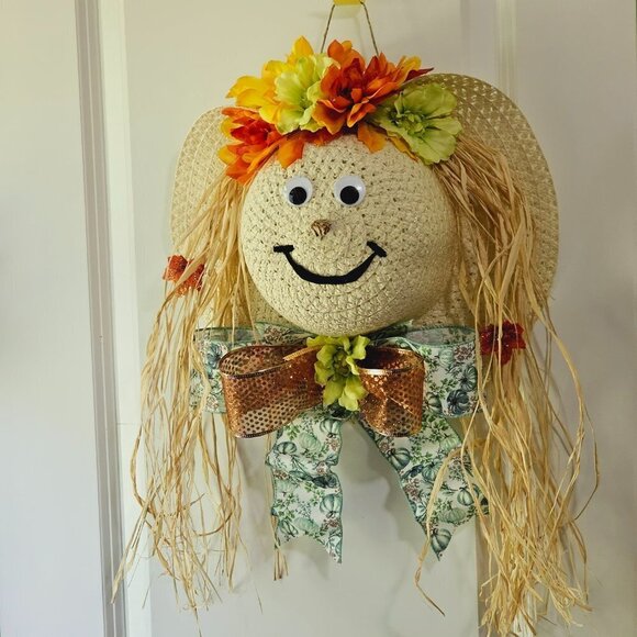 Scarecrow Fall Hat Wreath Autumn Door Hanger - Picture 2 of 4